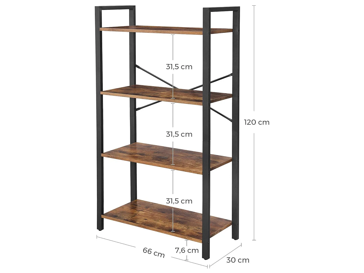 Libreria rustica in metallo e truciolato marrone nero 66x30x120 cm