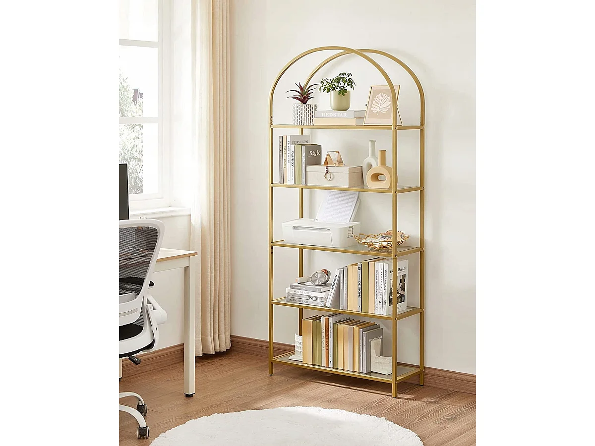 Glazen boekenkast met 5 planken goud staal 83x30,2x183,5 cm LGT050A01