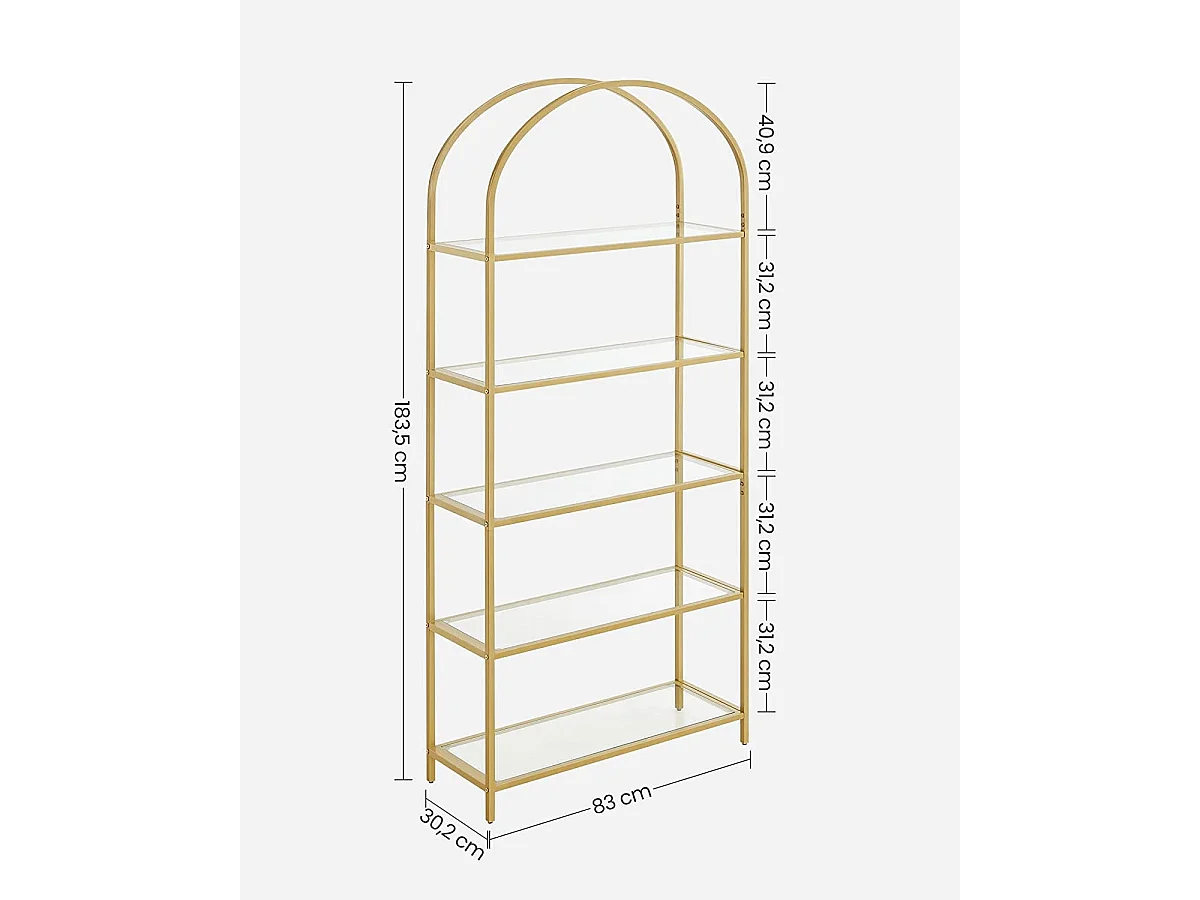 Glazen boekenkast met 5 planken goud staal 83x30,2x183,5 cm LGT050A01