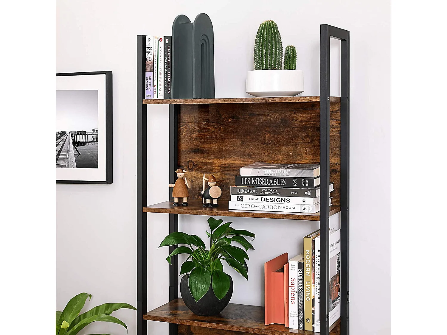 Boekenkast industrieel spaanplaat staal rustiek bruin zwart 62x24x165 cm