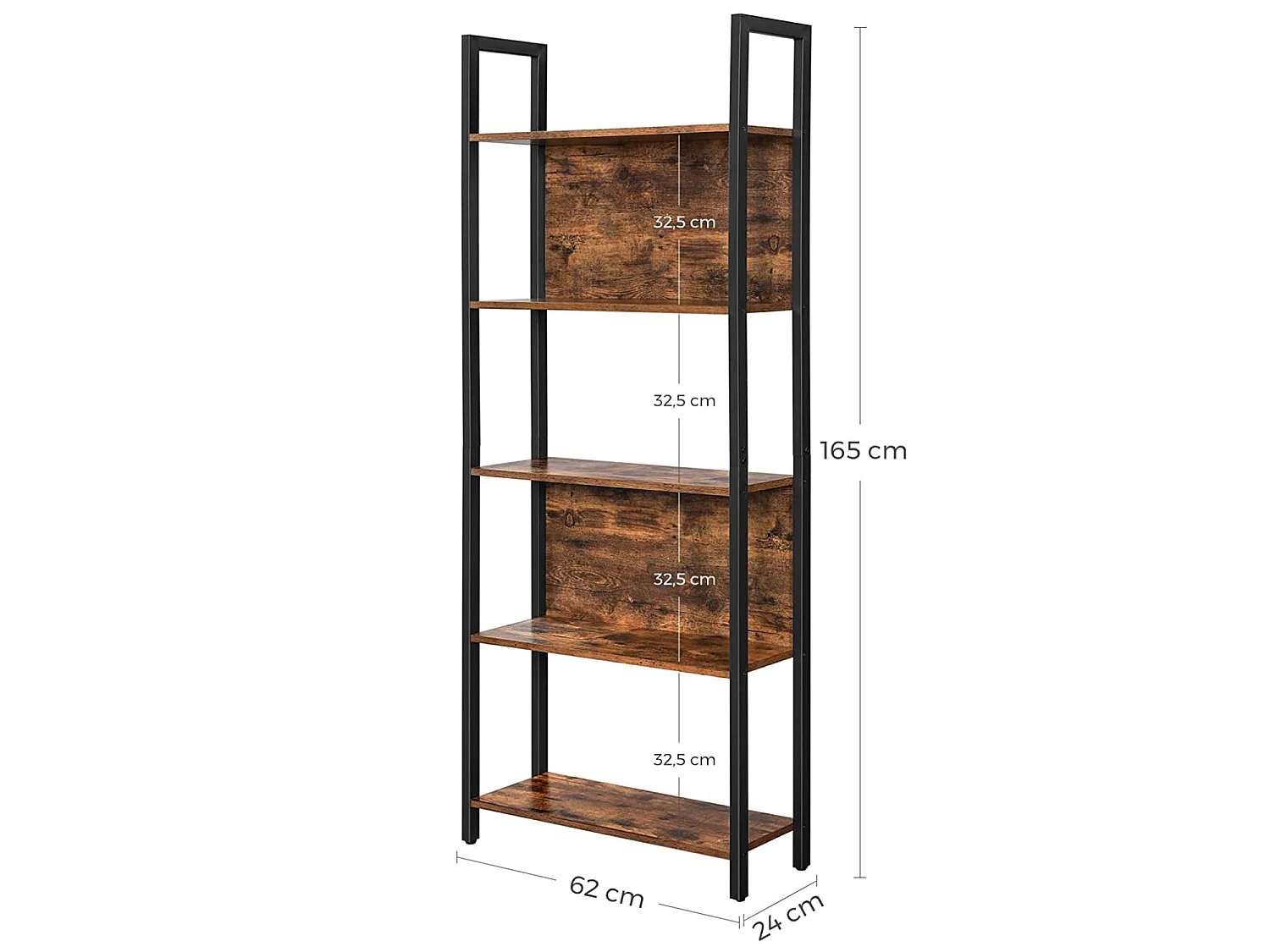Boekenkast industrieel spaanplaat staal rustiek bruin zwart 62x24x165 cm