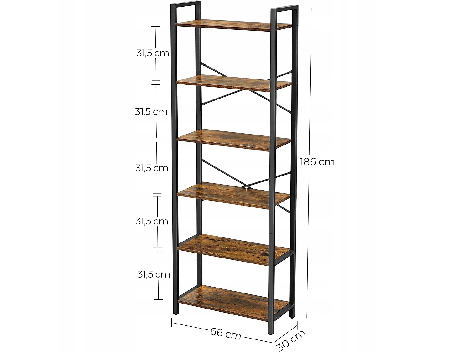 Étagère bibliothèque loft rustique bois brun noir 66x30x186 cm LLS062B01