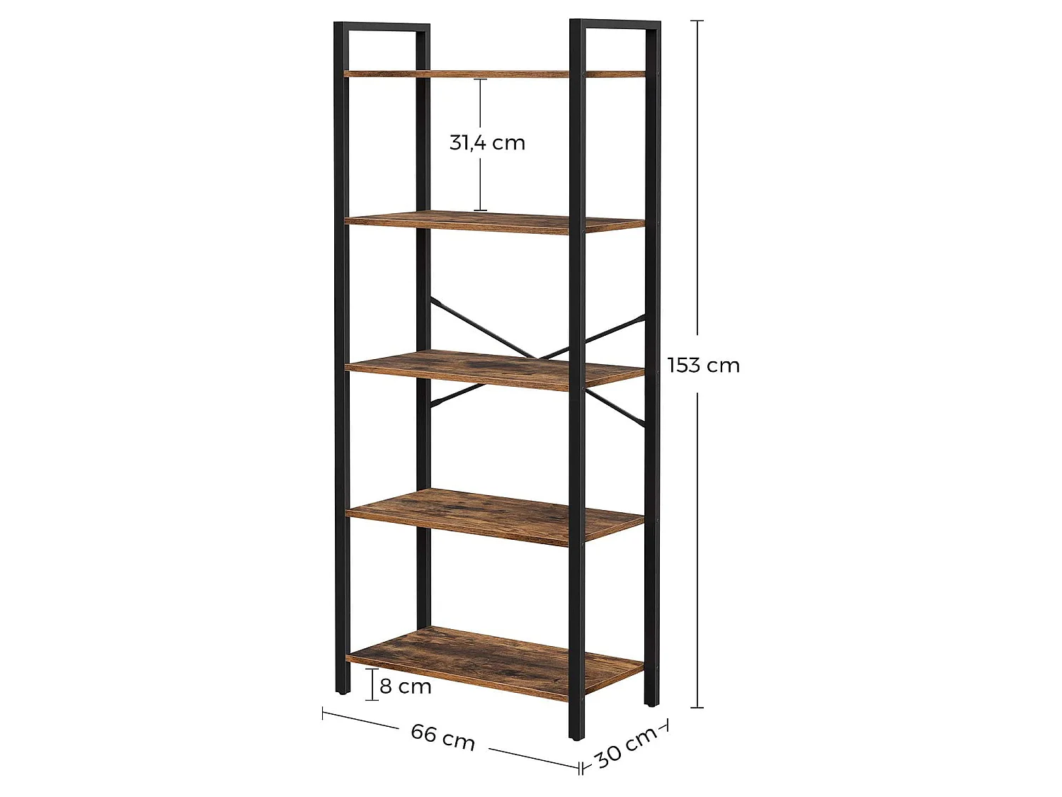 Étagère bibliothèque rustique en panneau de particules et acier brun noir 66x30x153 cm