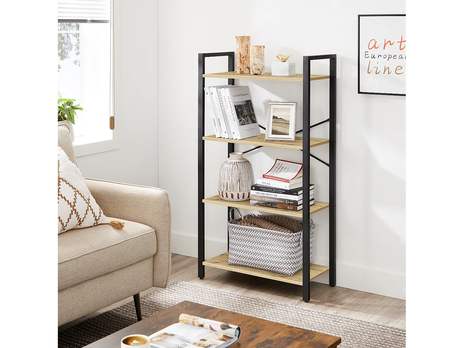 Étagère de salon pour livres et décorations en panneau de particules et acier chêne artisan noir 66x30x120 cm