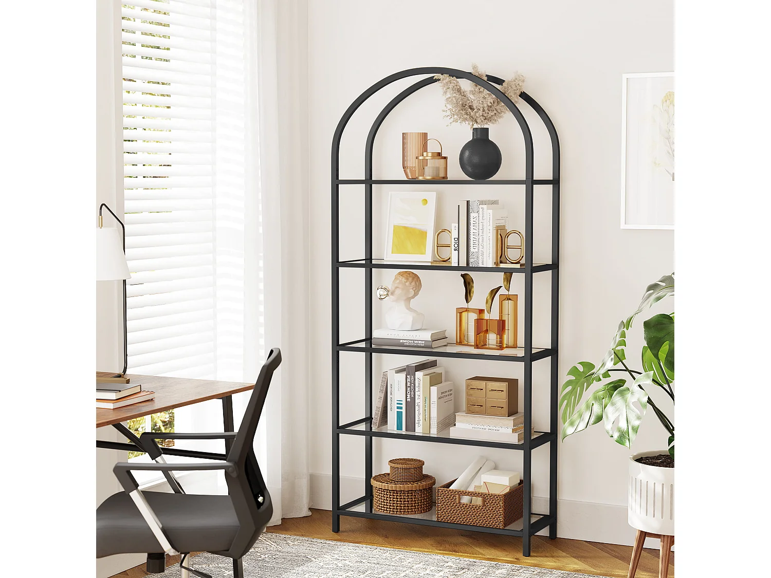 Étagère de salon pour livres et décoration en verre et acier noir 83x30,2x183,5 cm