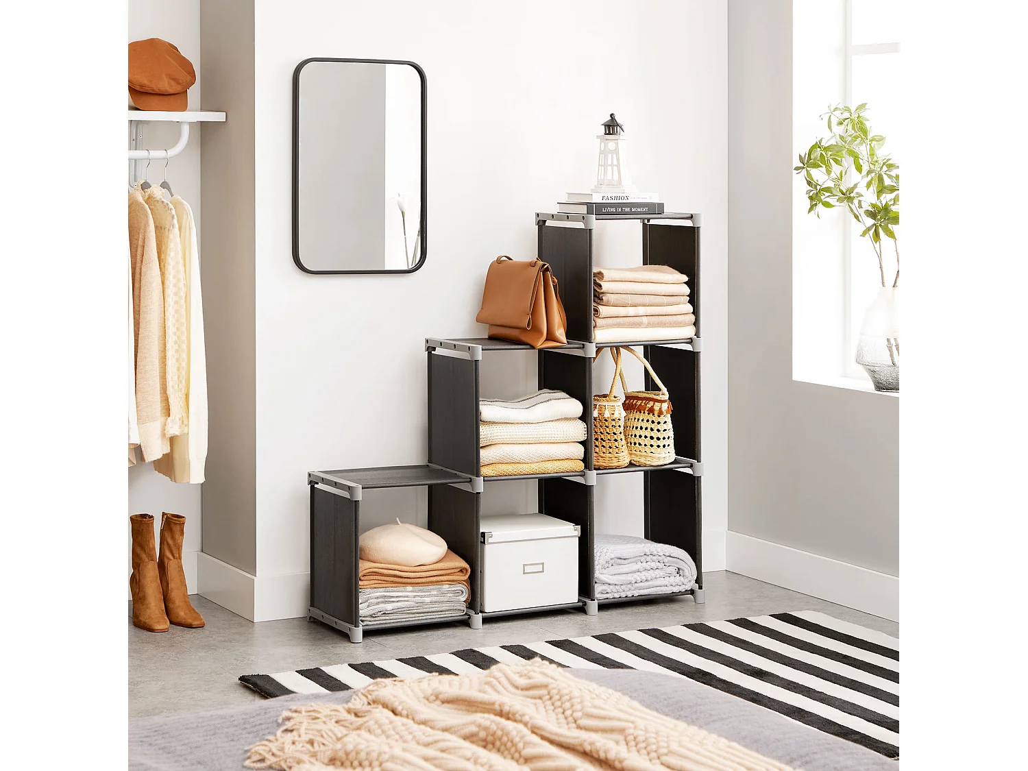 Étagère modulable pliable pour salon en tissu métal plastique noir 105x30x105 cm LSN63H