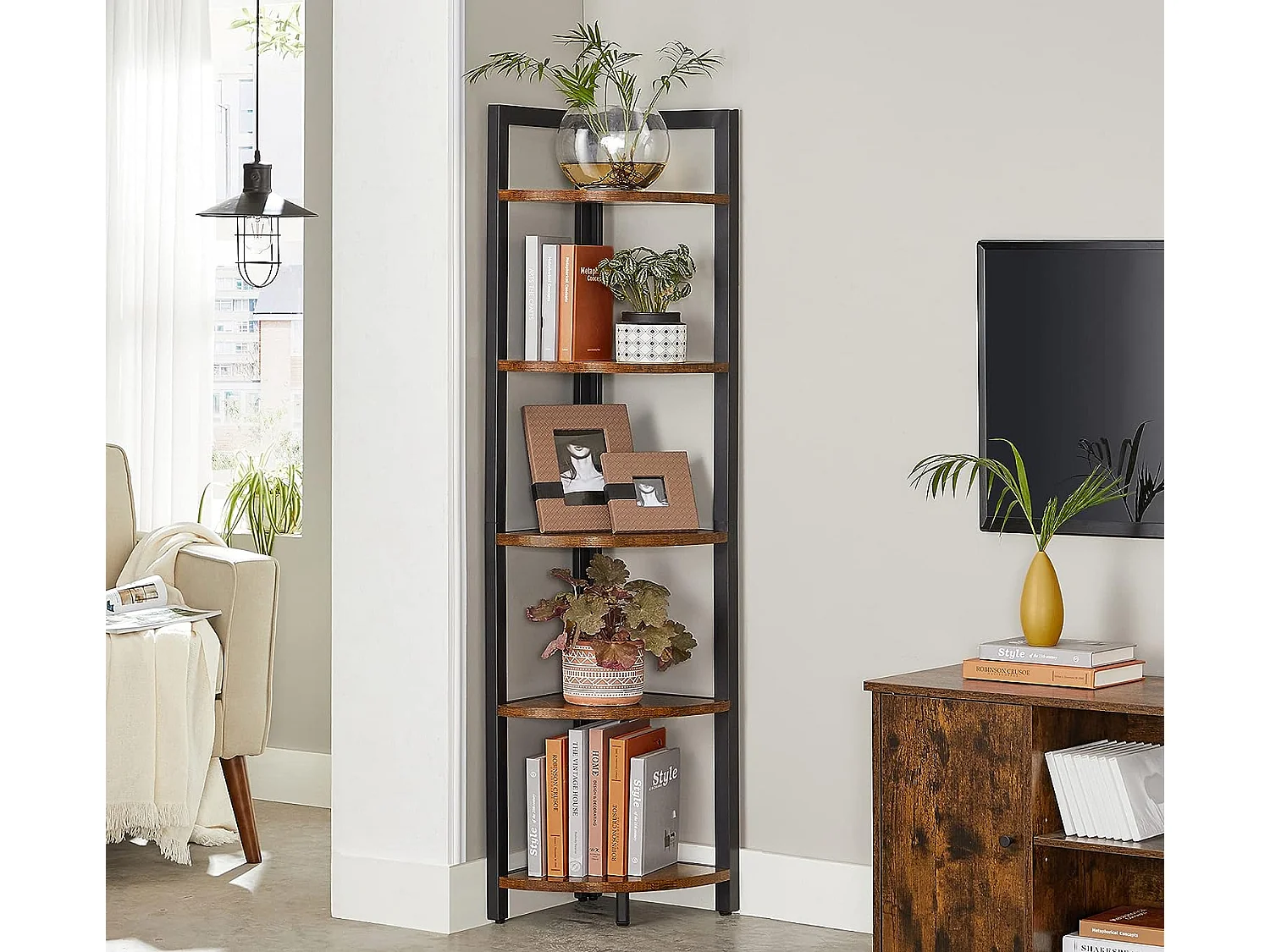 Étagère de salon pour livres et déco, style loft, bois, brun rustique, 30x30x150 cm