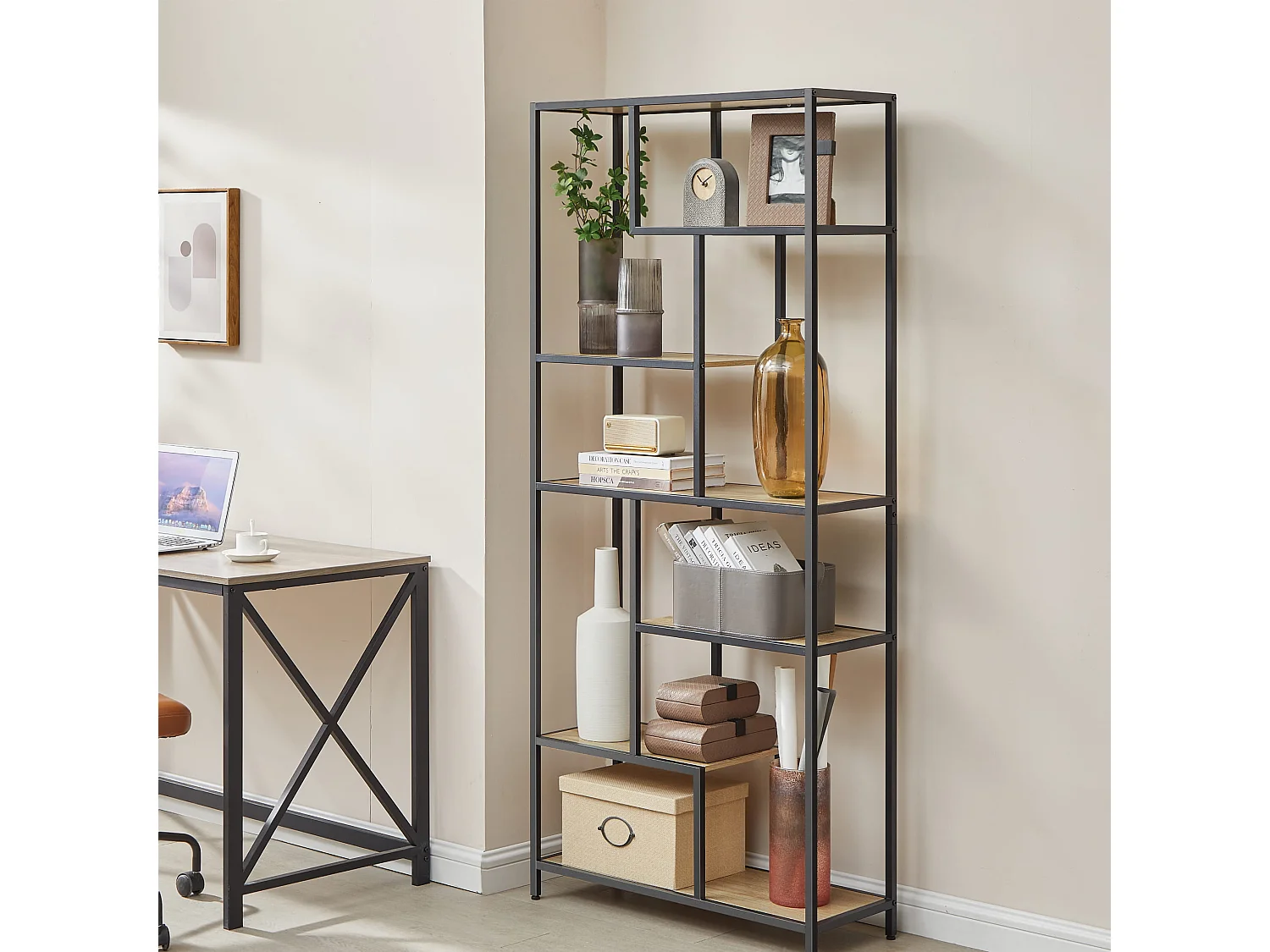 Étagère de salon loft pour livres, panneaux de particules, acier, sonoma, 80x30x180 cm