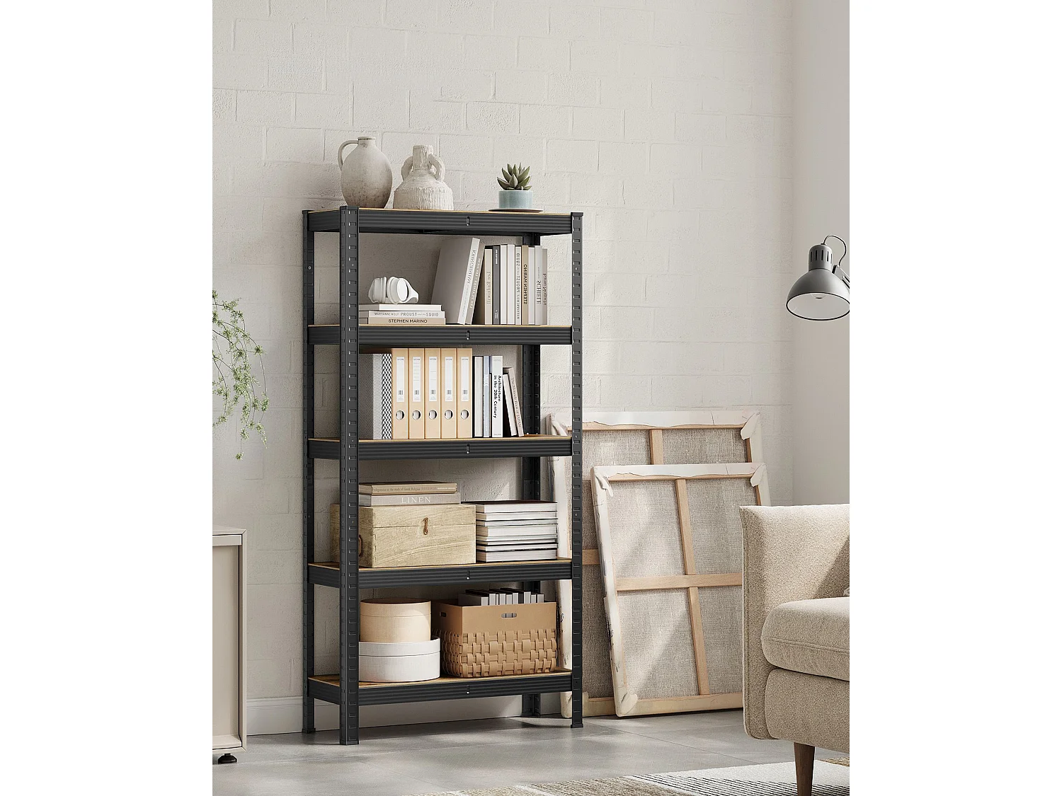 Étagère de salon industrielle rustique en MDF et acier brun 75x30x150 cm GLR030B01
