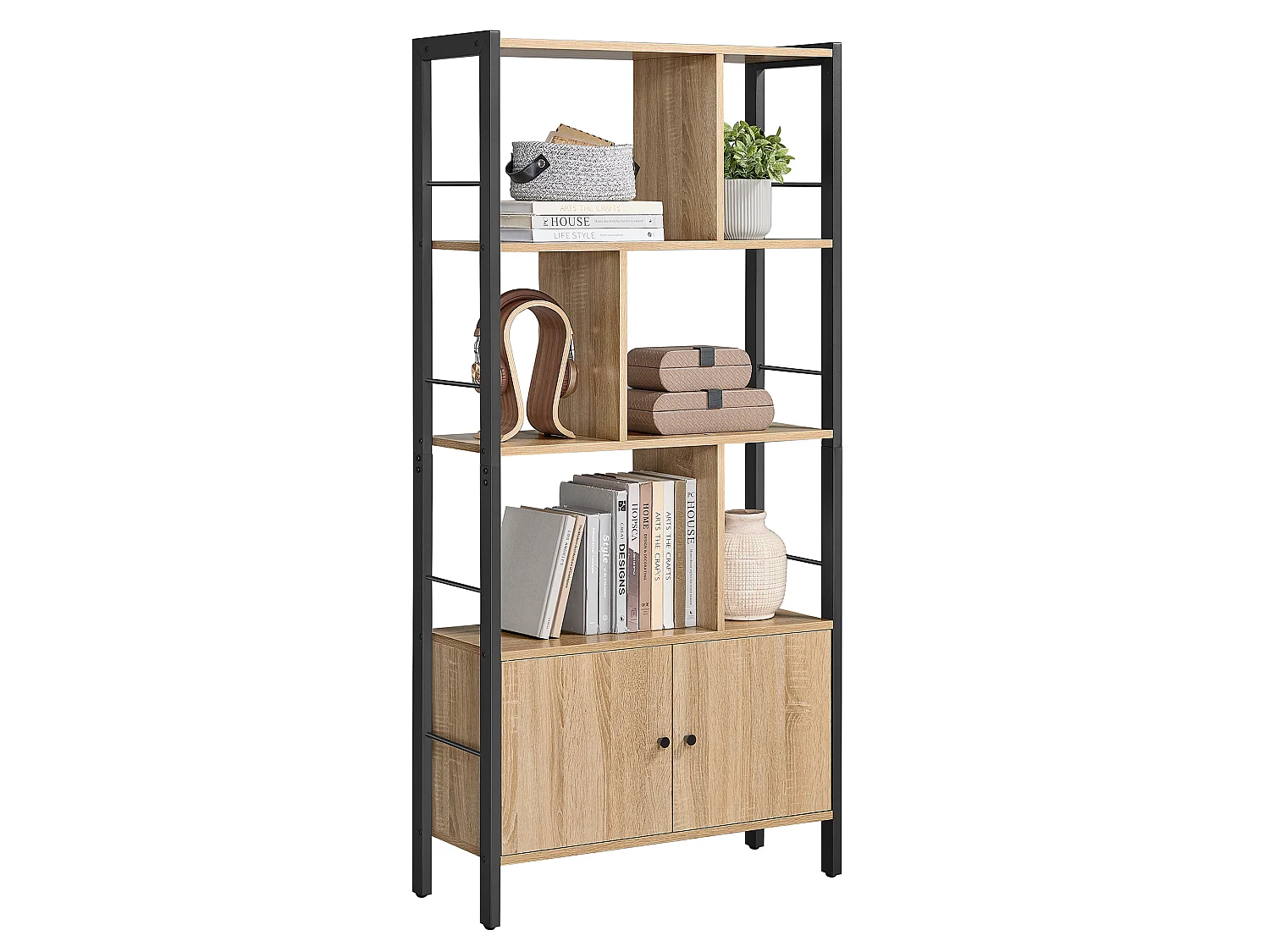 Étagère bibliothèque pour salon en panneau de particules et acier sonoma noir 74x30x154,5 cm