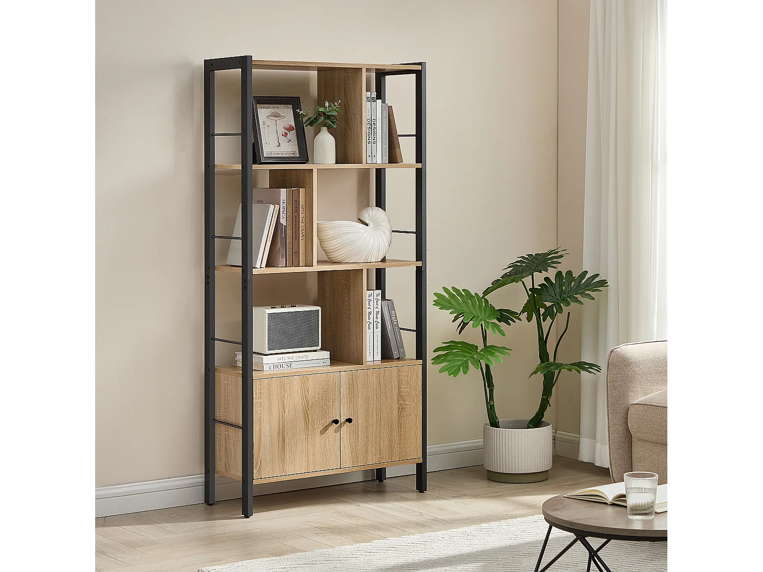 Étagère bibliothèque pour salon en panneau de particules et acier sonoma noir 74x30x154,5 cm