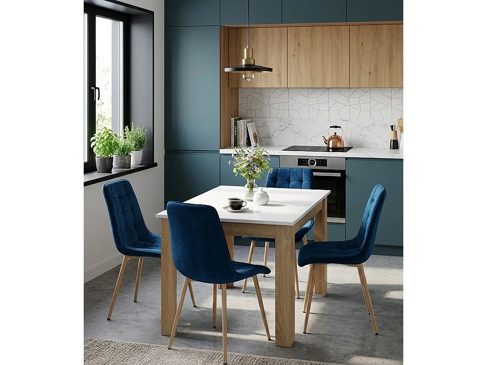 Chaise de salle à manger et cuisine SPLIT en velours bleu marine, pieds chêne