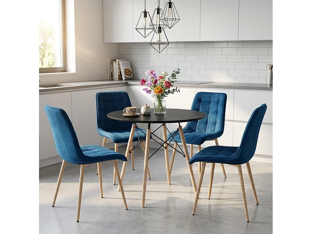 Chaise de salle à manger et cuisine SPLIT en velours bleu marine, pieds chêne