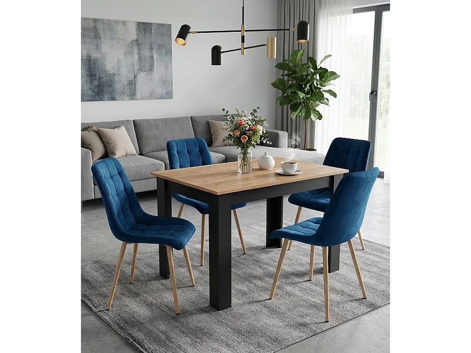 Chaise de salle à manger et cuisine SPLIT en velours bleu marine, pieds chêne