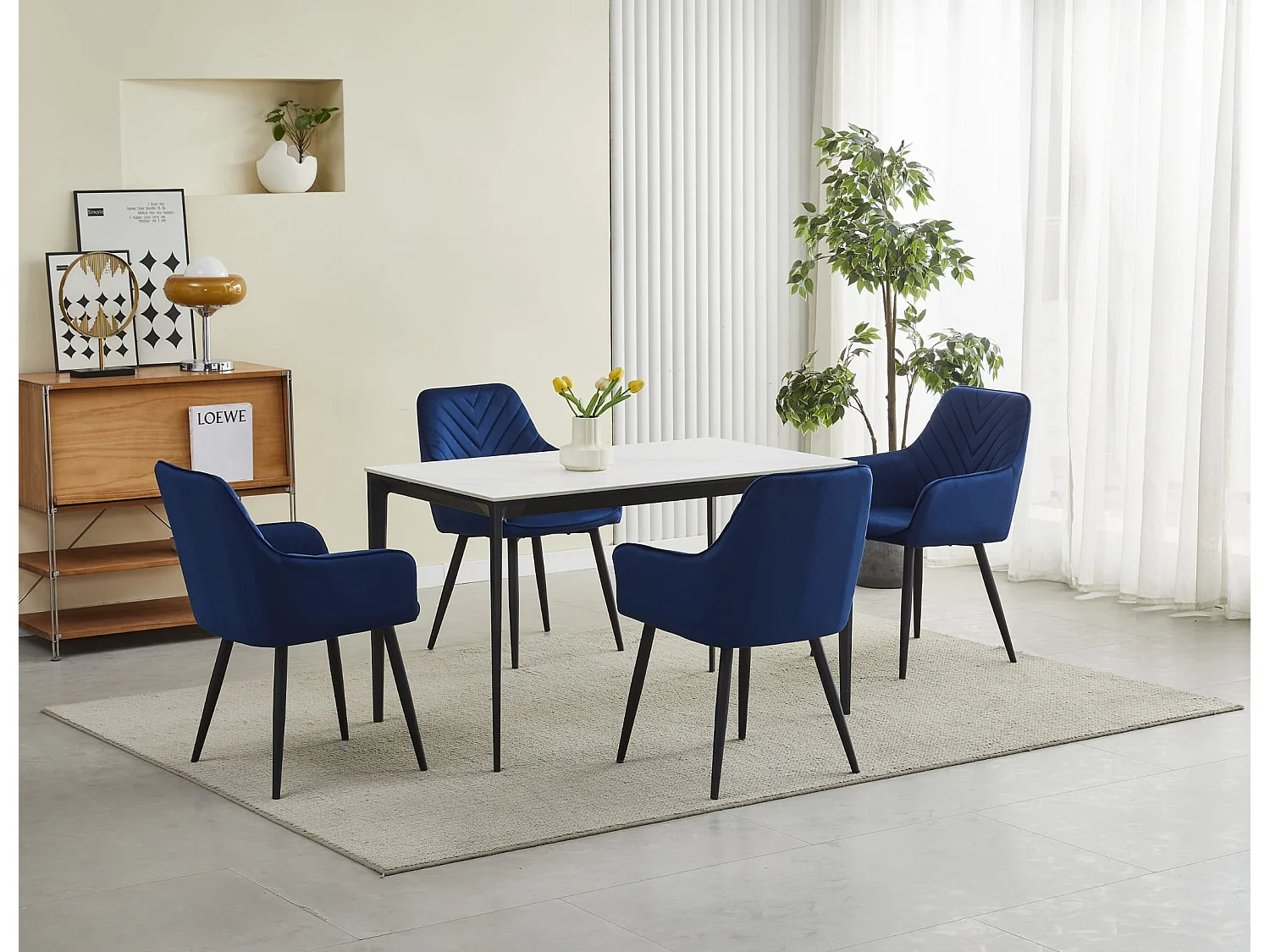 Chaise de salle à manger et cuisine en velours bleu marine, pieds noirs 54x61x83,5 cm