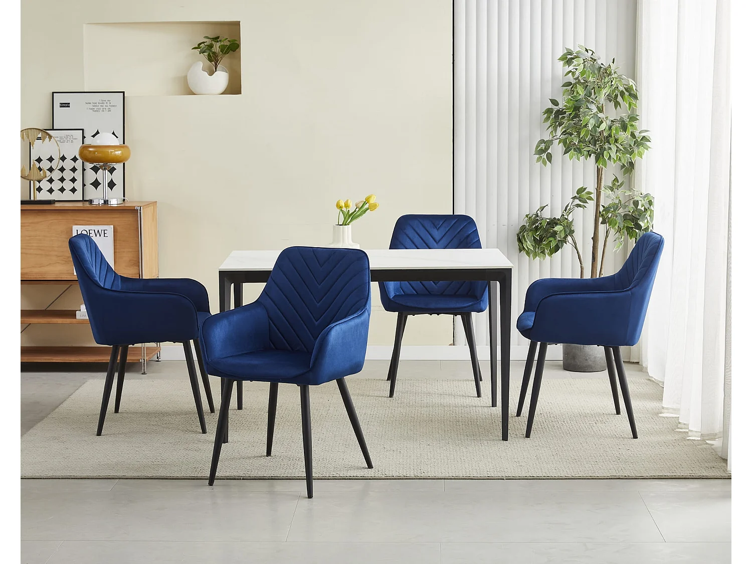 Chaise de salle à manger et cuisine en velours bleu marine, pieds noirs 54x61x83,5 cm
