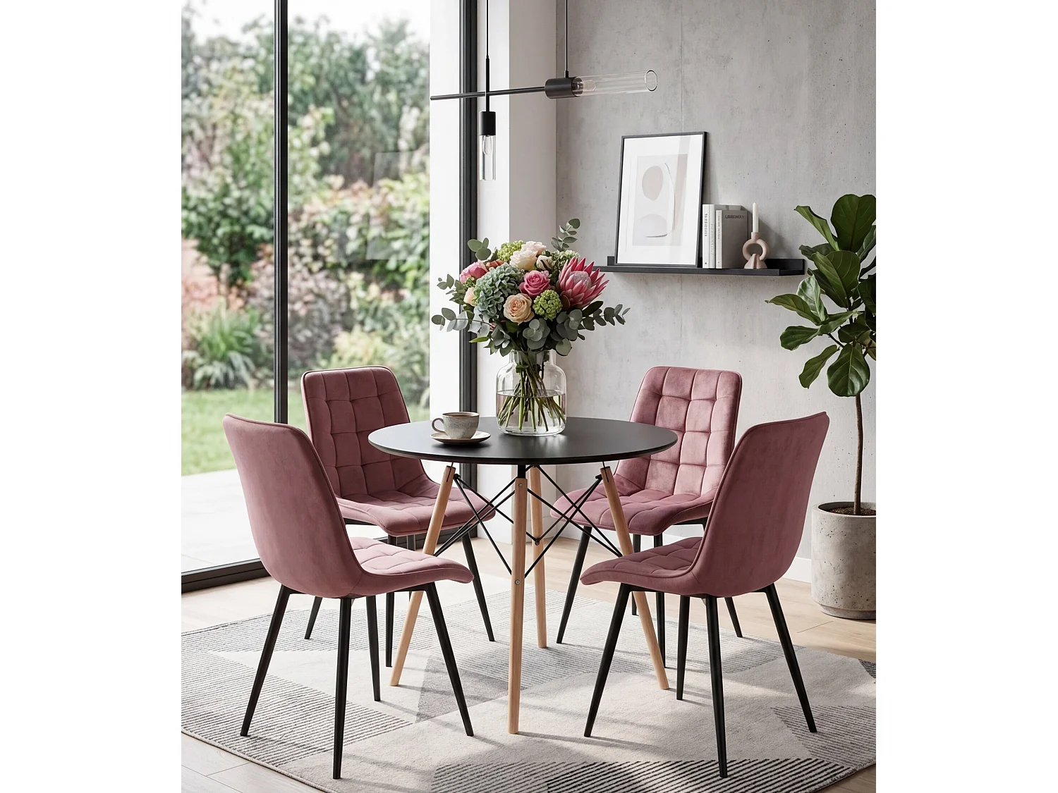 Chaise de salle à manger et cuisine design velours rose foncé pieds noirs 88x49x60 cm