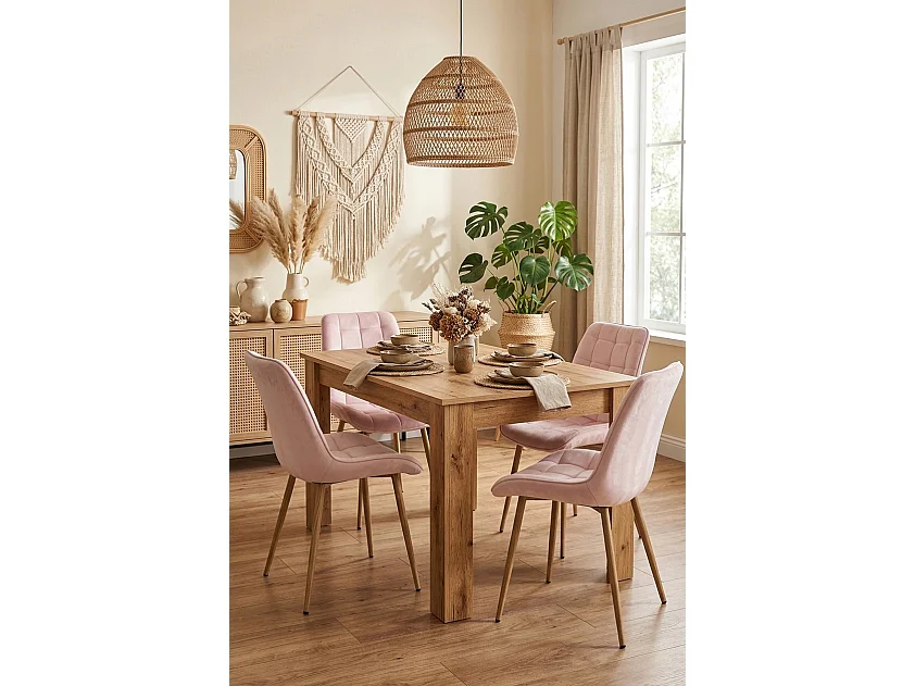 Chaise de salle à manger et cuisine BERA en velours rose clair, pieds chêne 54x60x88 cm