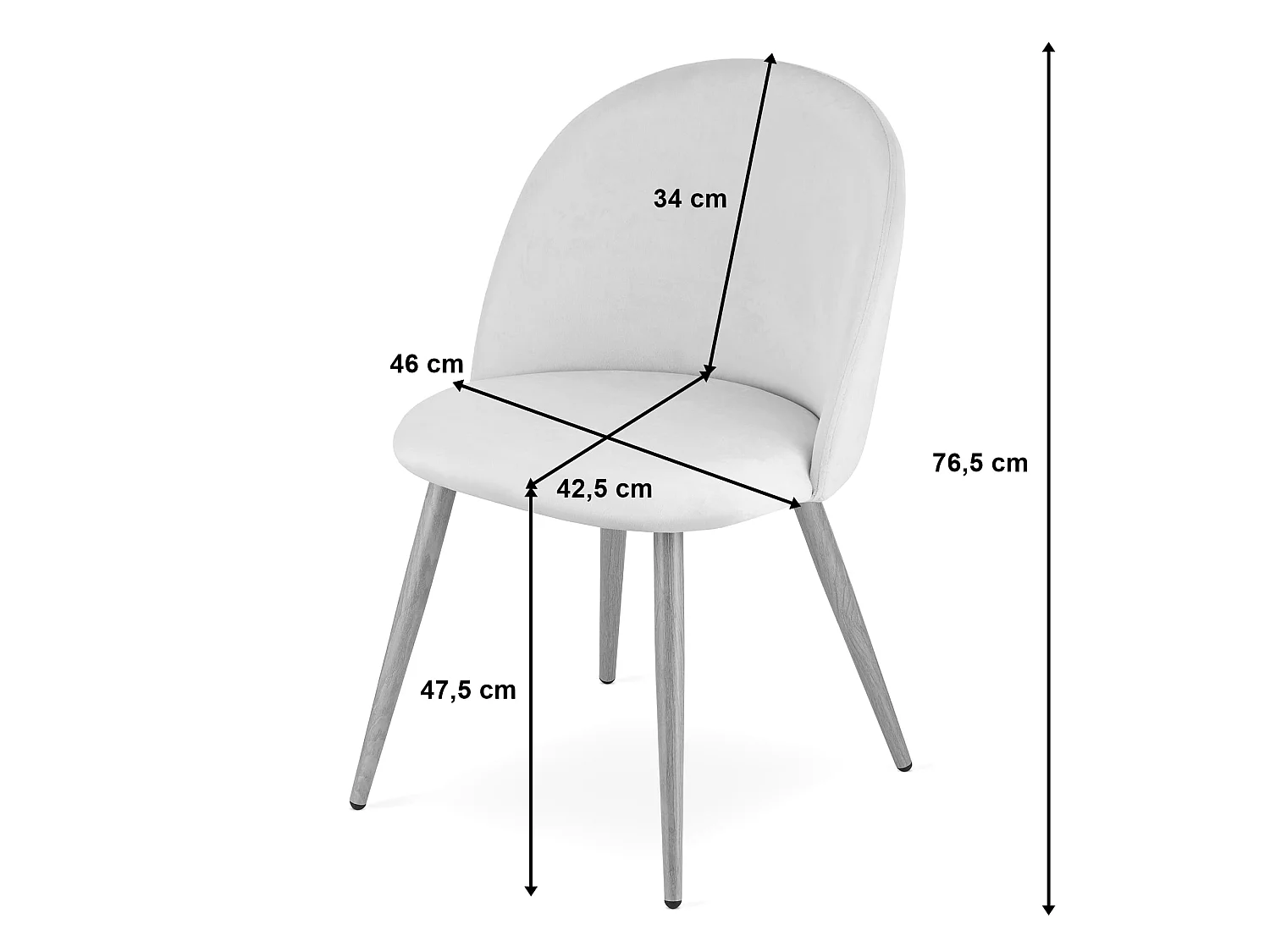 Eetkamerstoel BELLO ergonomisch fluweel lichtgrijs zwarte poten 76,5 cm