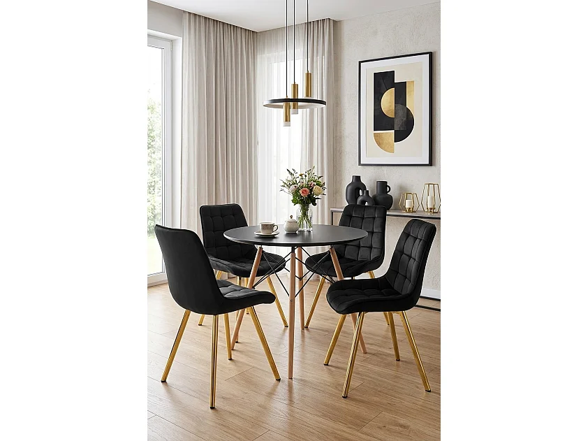 Chaise de salle à manger et cuisine SORIA en velours noir, pieds dorés 86x53x59 cm