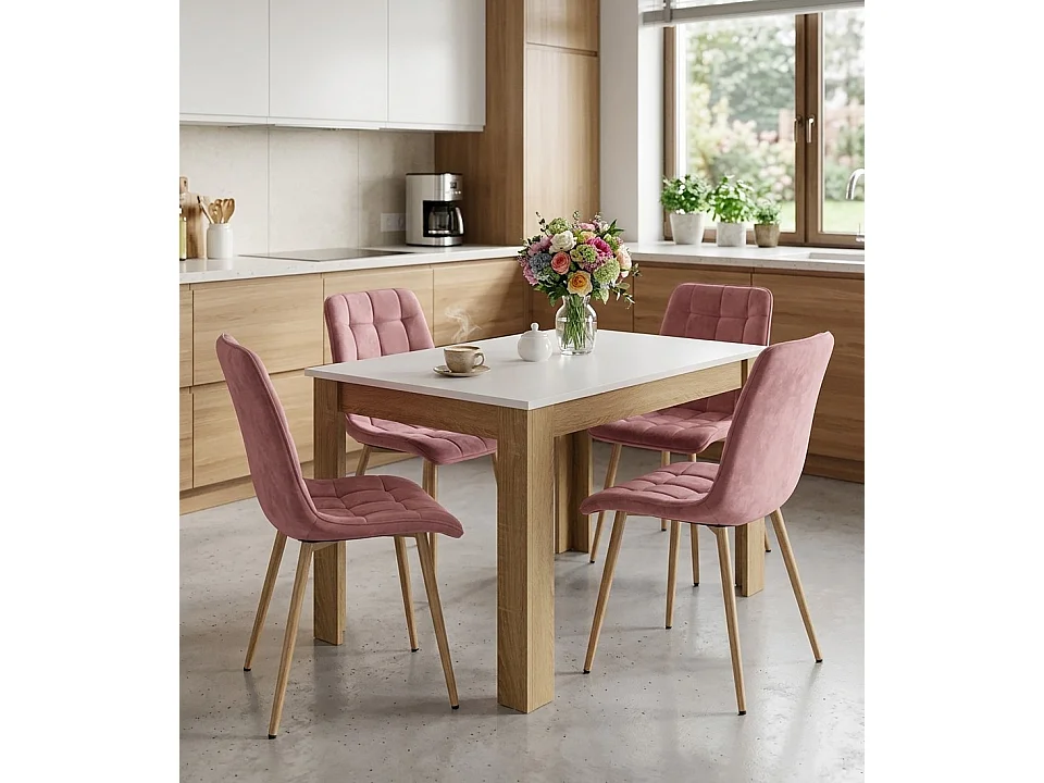 Chaise de salle à manger et cuisine en velours rose foncé pieds chêne 49x60x88 cm