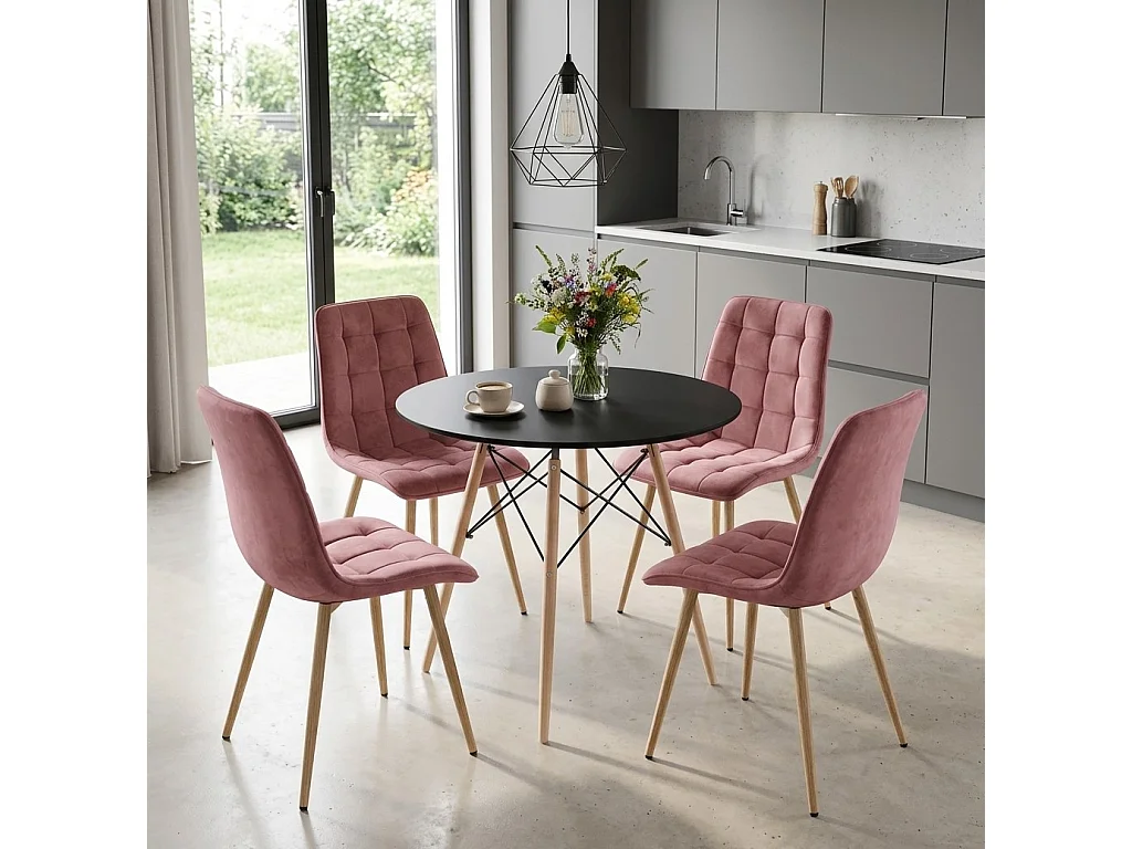 Chaise de salle à manger et cuisine en velours rose foncé pieds chêne 49x60x88 cm