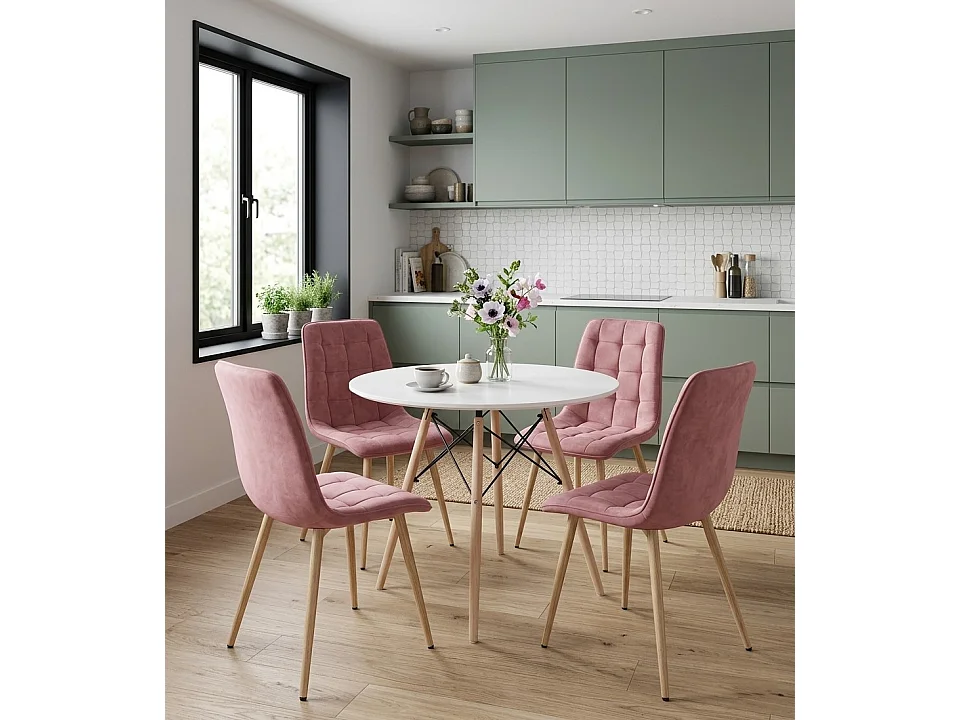 Chaise de salle à manger et cuisine en velours rose foncé pieds chêne 49x60x88 cm