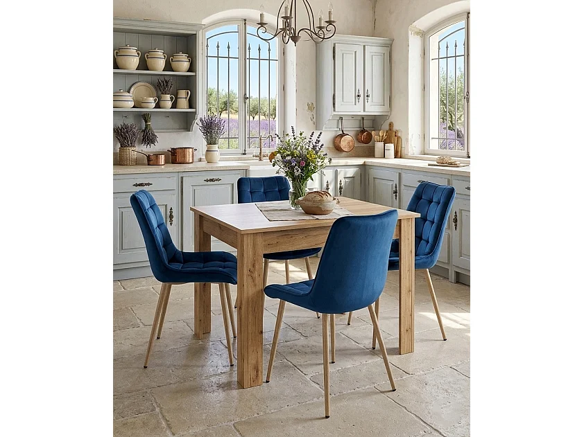 Chaise de salle à manger et cuisine BERA en velours bleu marine, pieds chêne