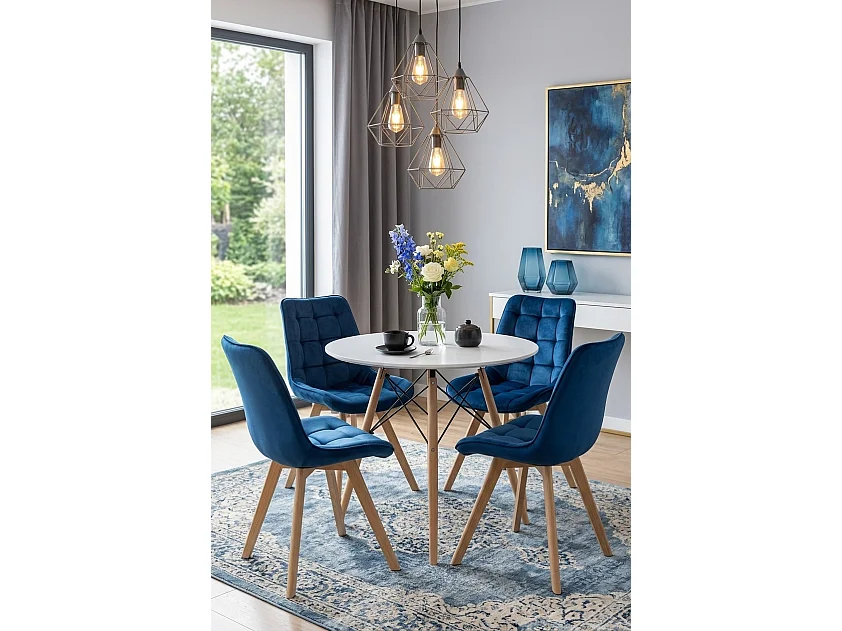 Chaise de salle à manger et cuisine SORIA en velours bleu marine, pieds chêne 86x53x59 cm