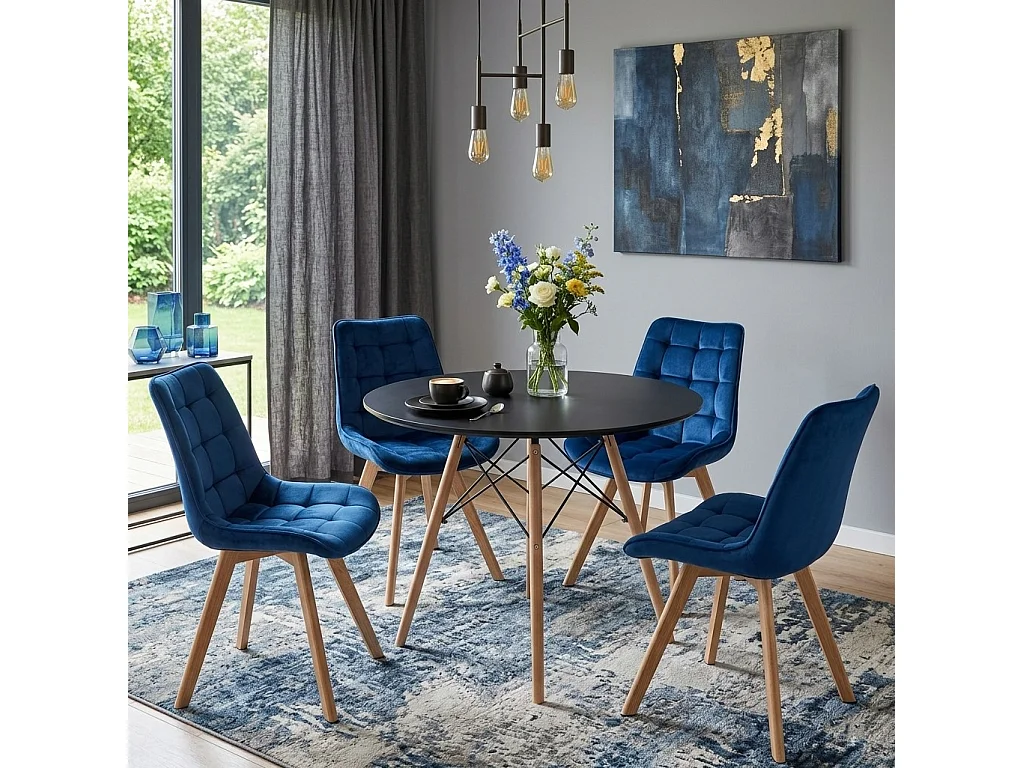 Chaise de salle à manger et cuisine SORIA en velours bleu marine, pieds chêne 86x53x59 cm