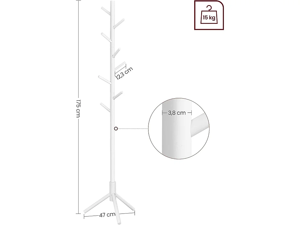 Appendiabiti da terra moderno in legno massiccio bianco 47x47x175 cm RCR04WT