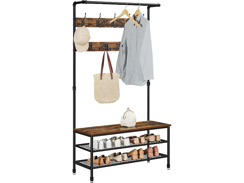 Portemanteau avec siège et 2 étagères à chaussures en acier brun rustique 100x41,5x182 cm