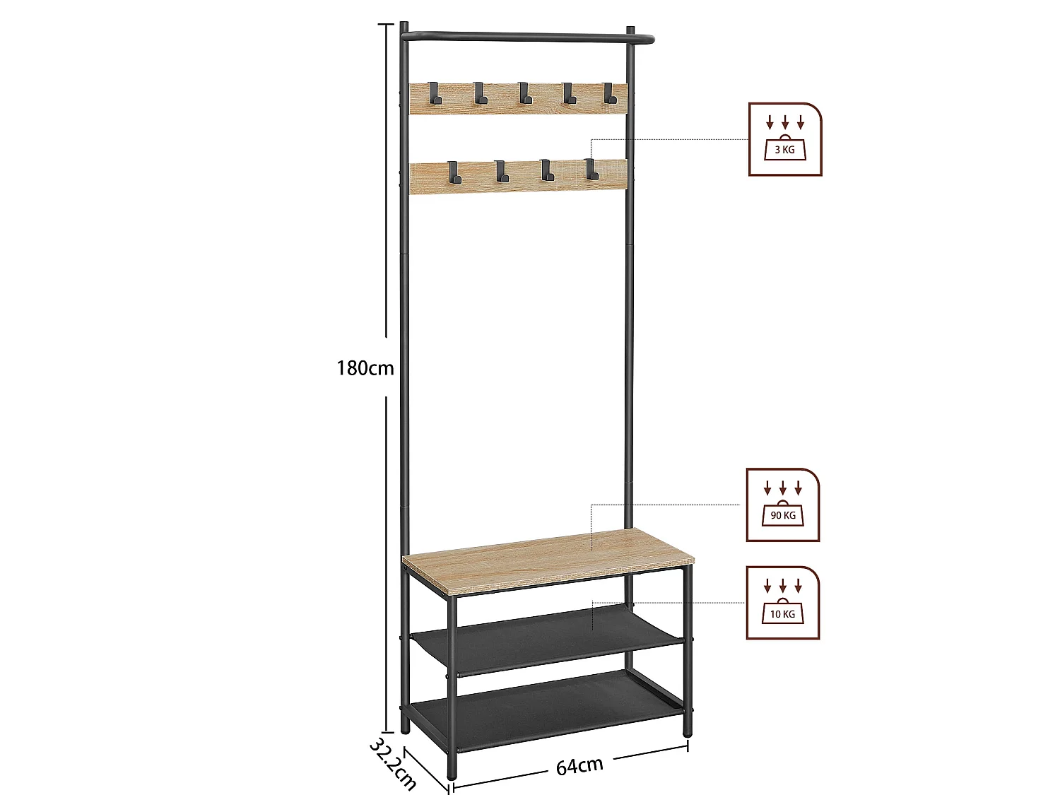 Kledingrek met zitbank en 2 schoenenplanken staal sonoma 64x32,2x180 cm