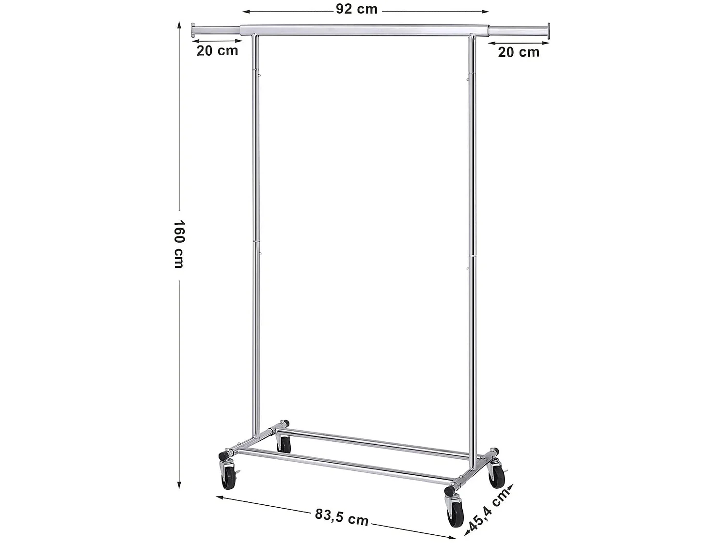 Rollgarderobe mit Rollen aus verchromtem Eisen silber 92-132x45,4x160 cm HSR13S