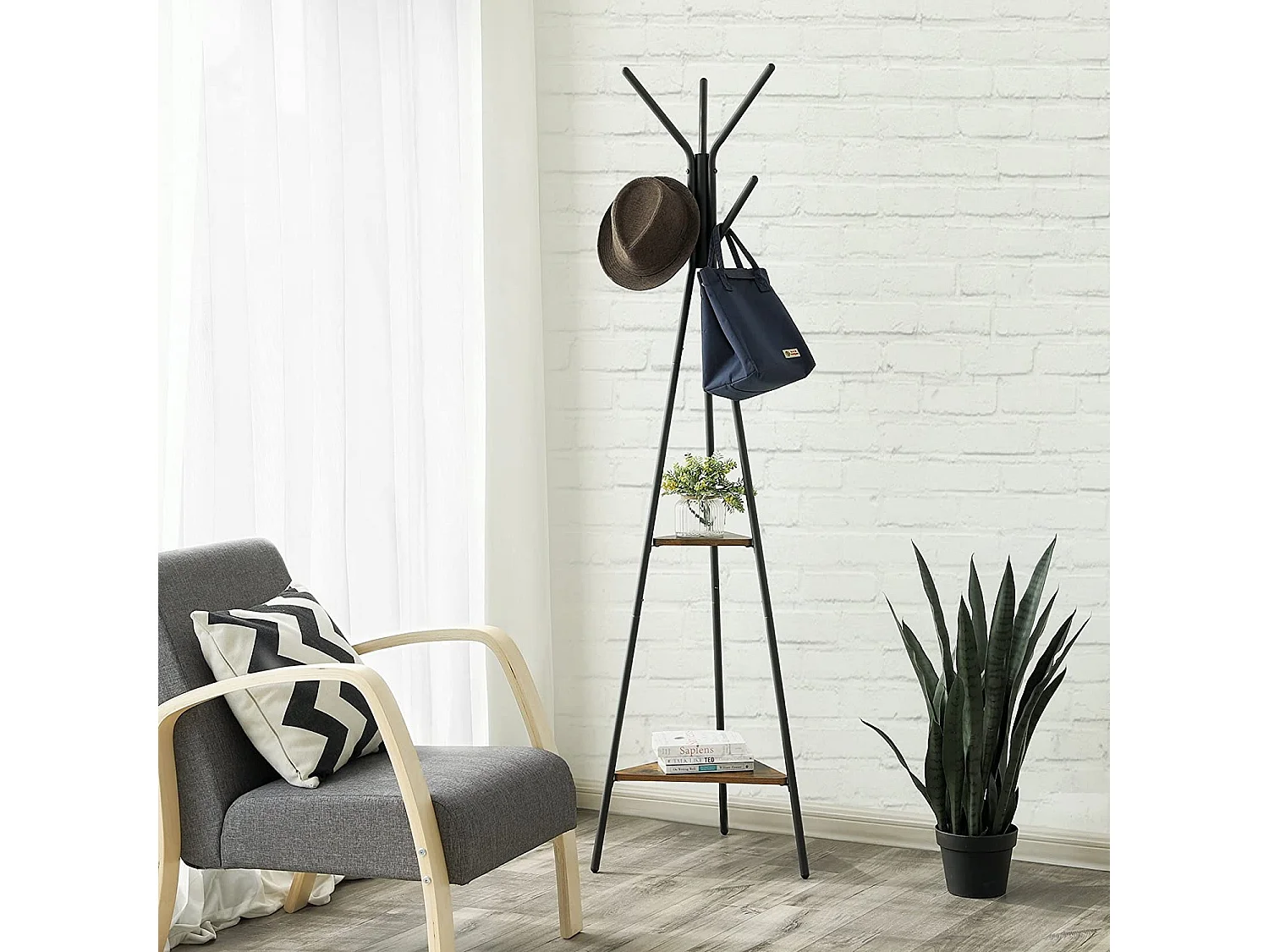Standgarderobe mit 6 Haken Eisen MDF schwarz rustikal 49x49x179 cm