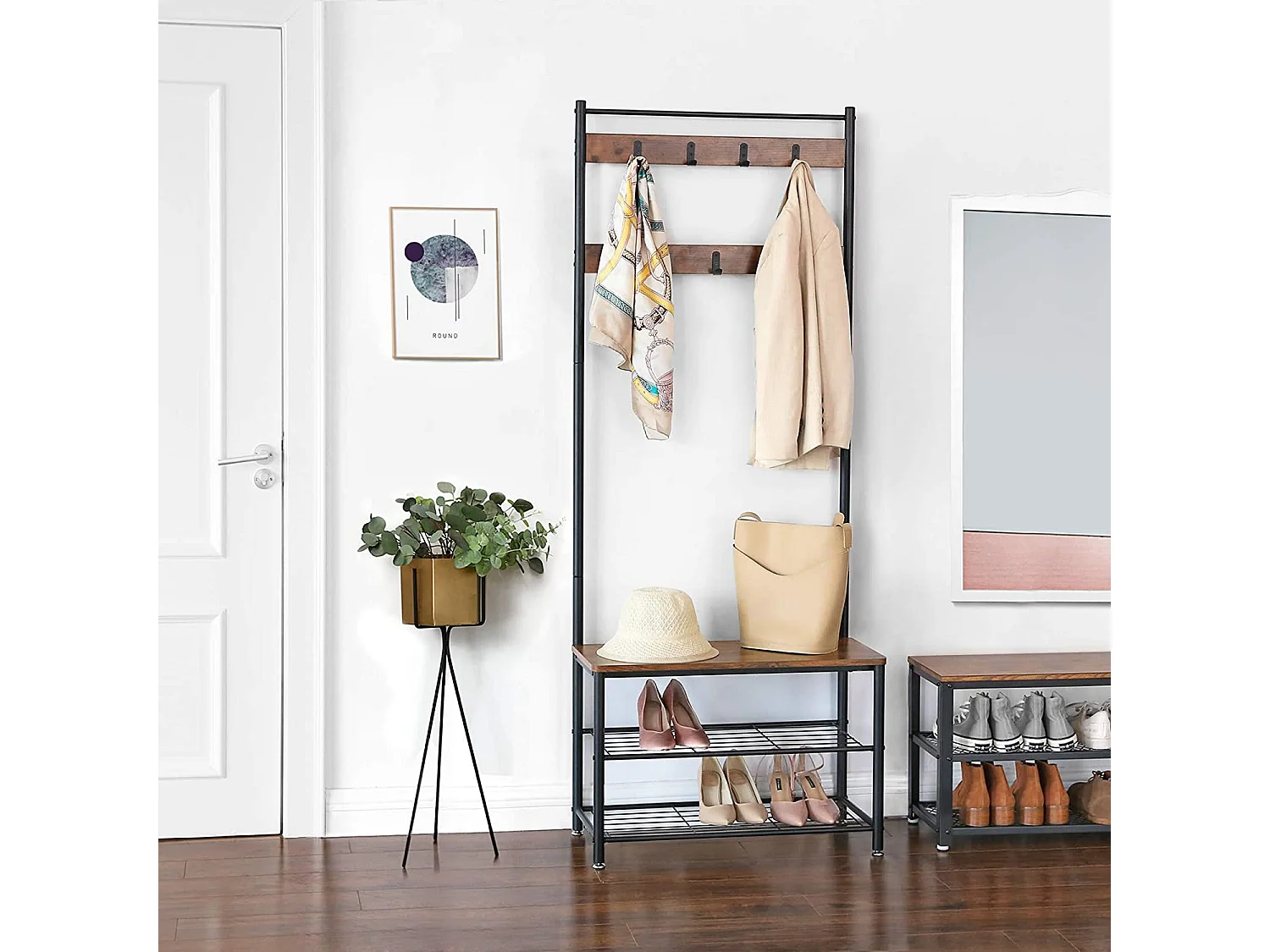 Kledingrek met zitbank en schoenenplanken, rustiek bruin, zwart, 70x32x175 cm
