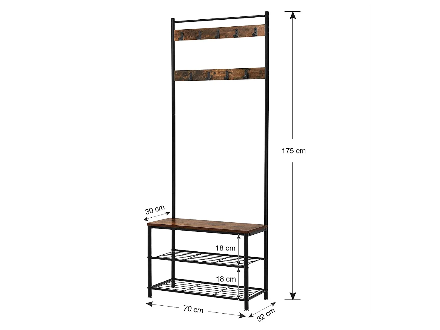 Kledingrek met zitbank en schoenenplanken, rustiek bruin, zwart, 70x32x175 cm