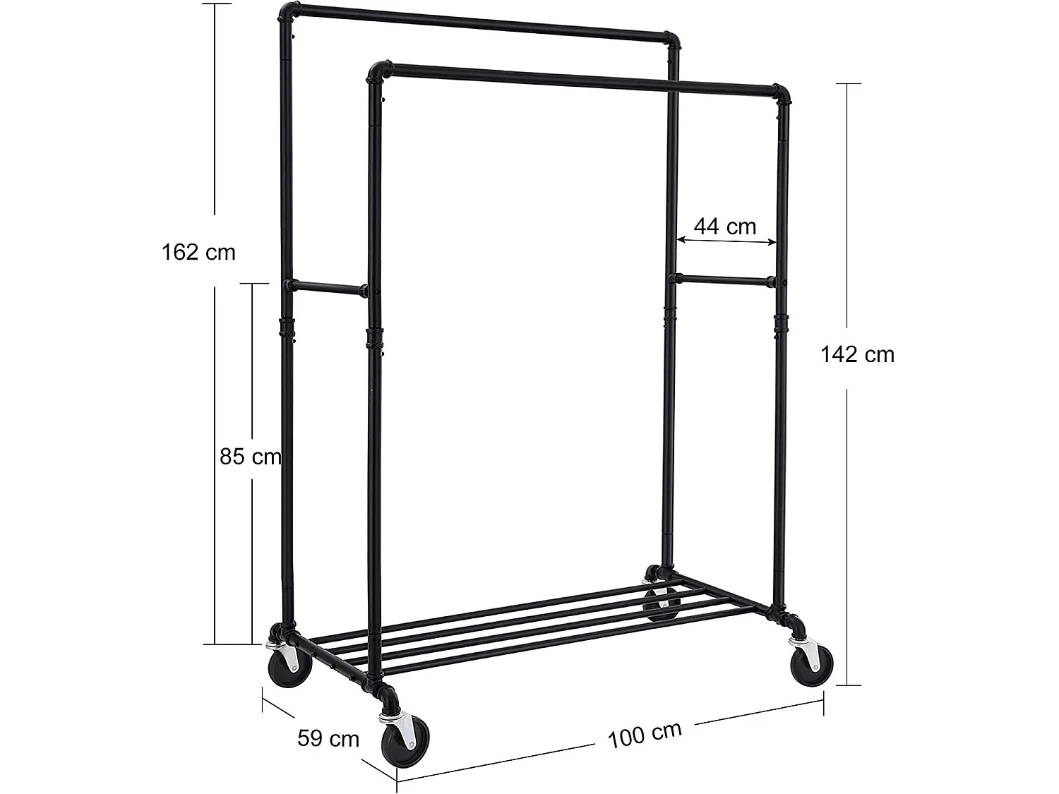 Kledingrek op wielen met plank ijzer zwart 100x59x142/162 cm HSR60B