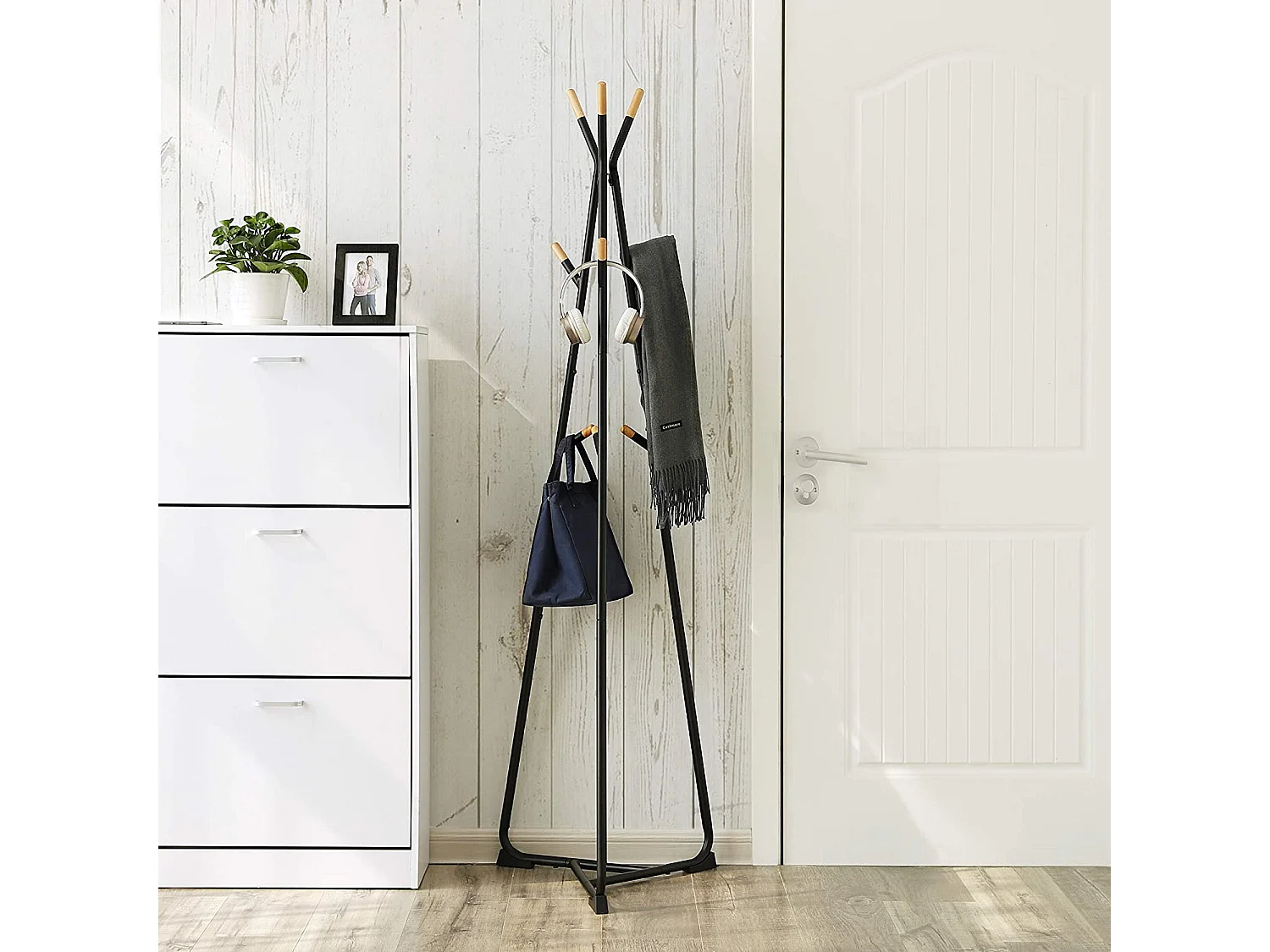 Kleiderständer mit 9 Haken Metall Holz schwarz 49x49x172 cm