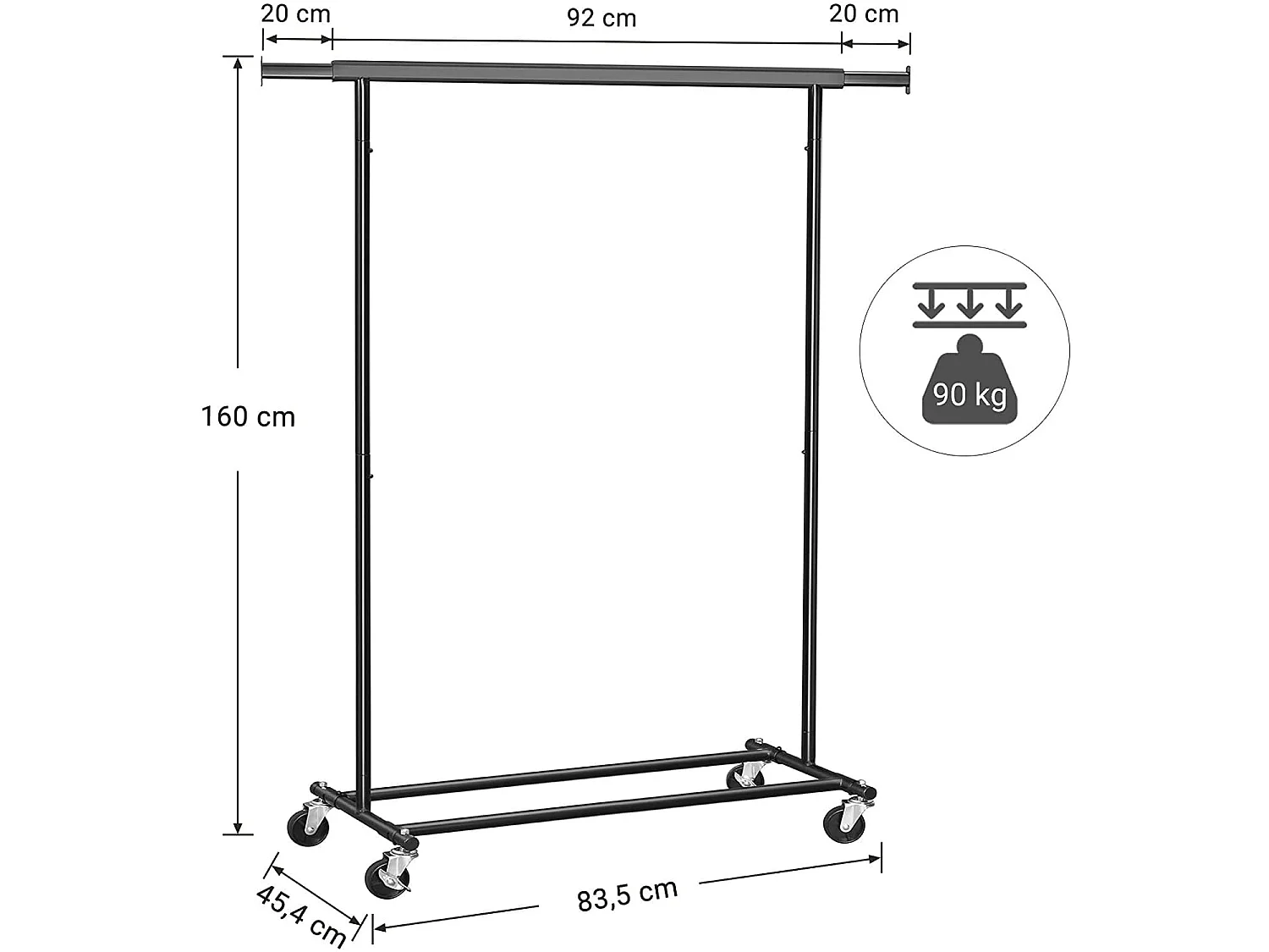 Kledingrek op wielen staal zwart 92-132x45,4x160 cm HSR13BKV1