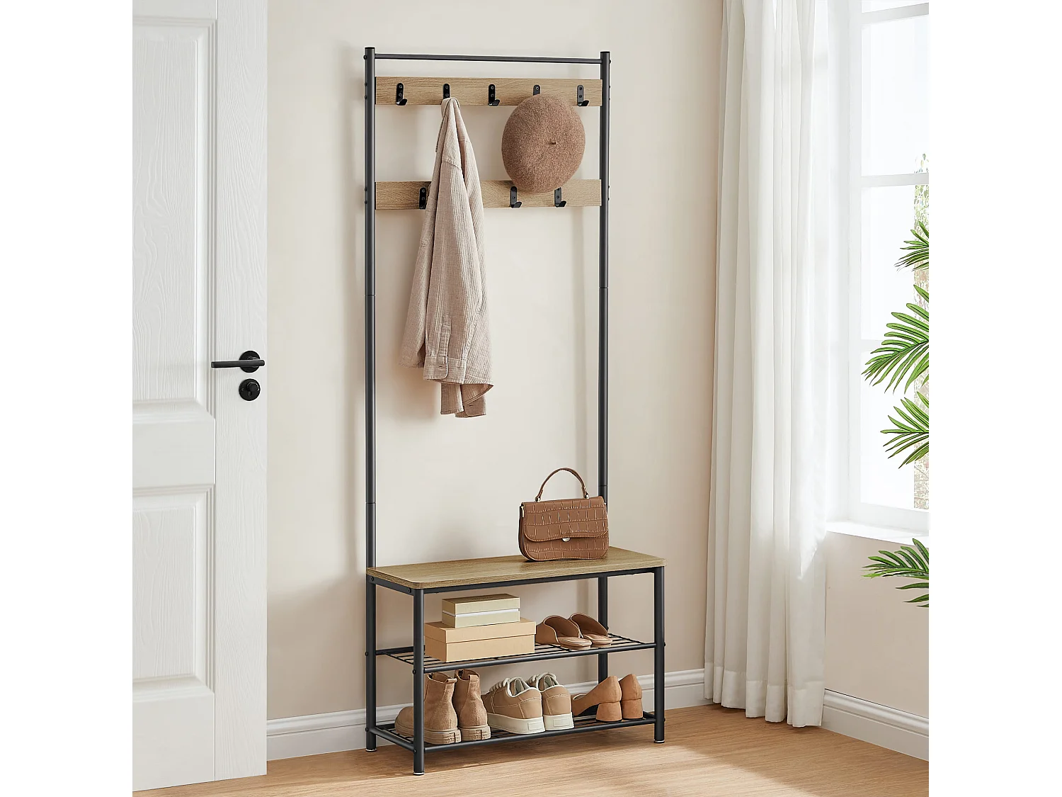 Garderobenständer mit Sitzbank und 2 Schuhablagen Stahl Sonoma 70x32x175 cm