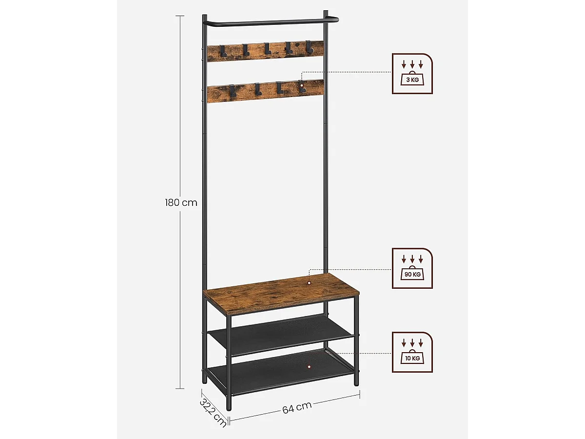Kapstok met zitbank en schoenenplanken hout bruin 64x32,2x180 cm
