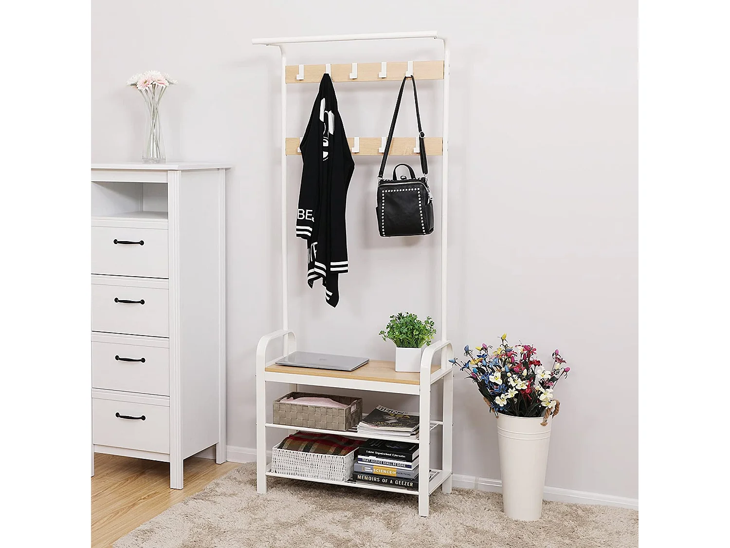 Kledingrek met zitbank en schoenenplanken, ijzer, beige, 72x33,7x183 cm