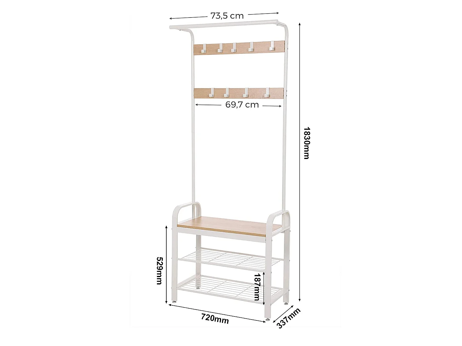 Kledingrek met zitbank en schoenenplanken, ijzer, beige, 72x33,7x183 cm