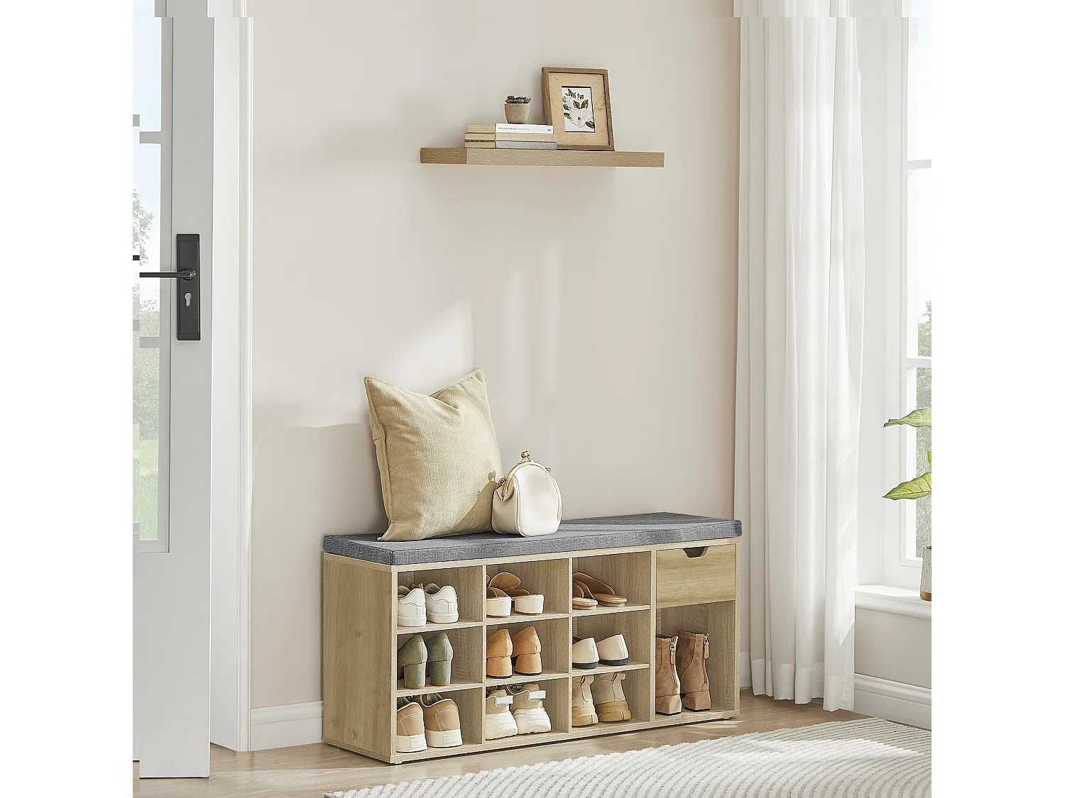 Meuble à chaussures avec assise en tissu effet lin chêne artisan gris 104x30x48 cm