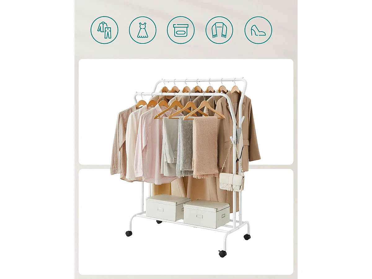 Portant à vêtements sur roulettes en acier blanc 103,5x52,5x155 cm HSR107W01