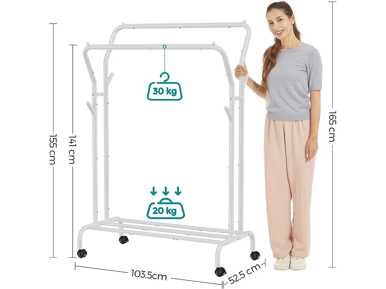 Portant à vêtements sur roulettes en acier blanc 103,5x52,5x155 cm HSR107W01