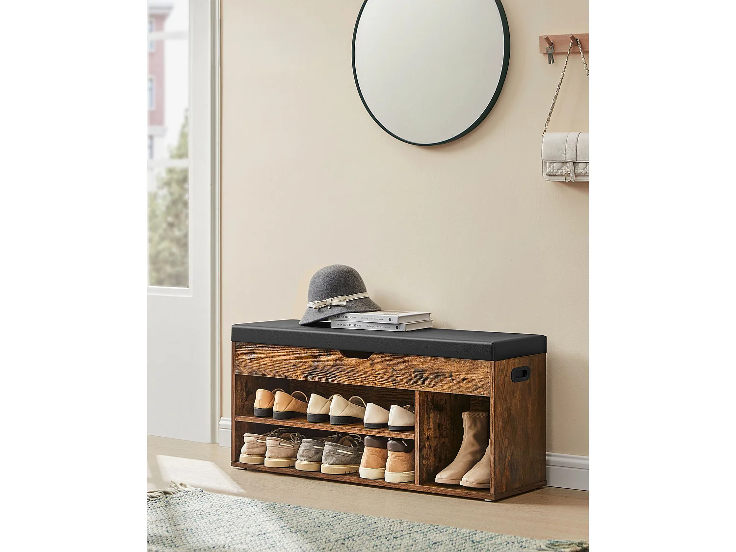 Banc à chaussures avec siège en cuir PU brun rustique 100x30x44 cm