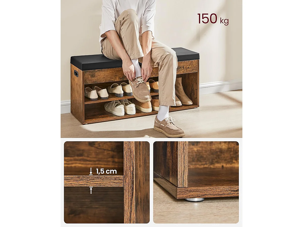 Banc à chaussures avec siège en cuir PU brun rustique 100x30x44 cm
