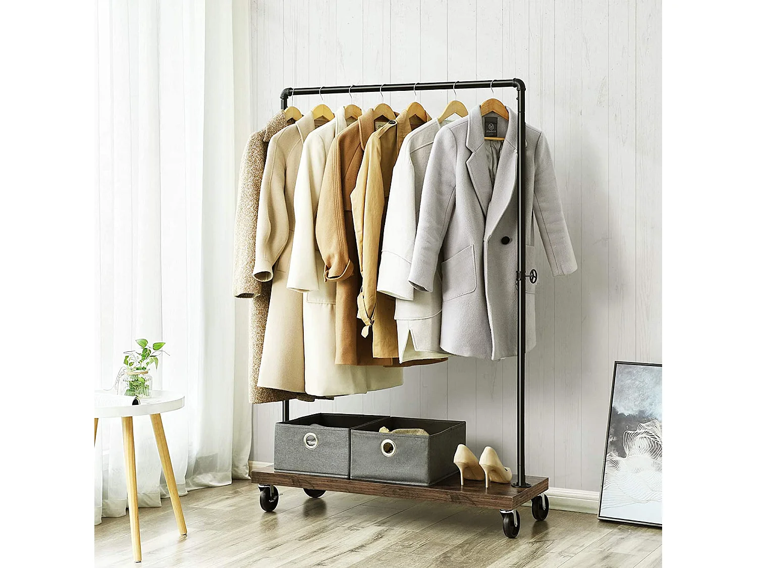 Kleiderständer auf Rollen mit Ablage Metall Holzoptik Braun 103,5x40x162 cm HSR65BX